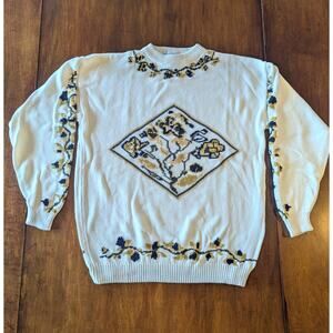 Vintage Izod Club Cream Cotton Sweater Hand Embroidered Floral Sz M